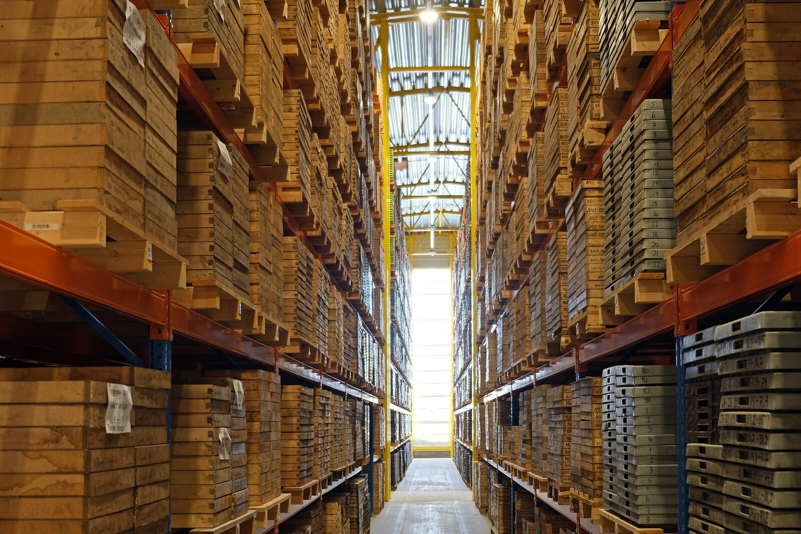 Rows of drill core trays in a core storage archive